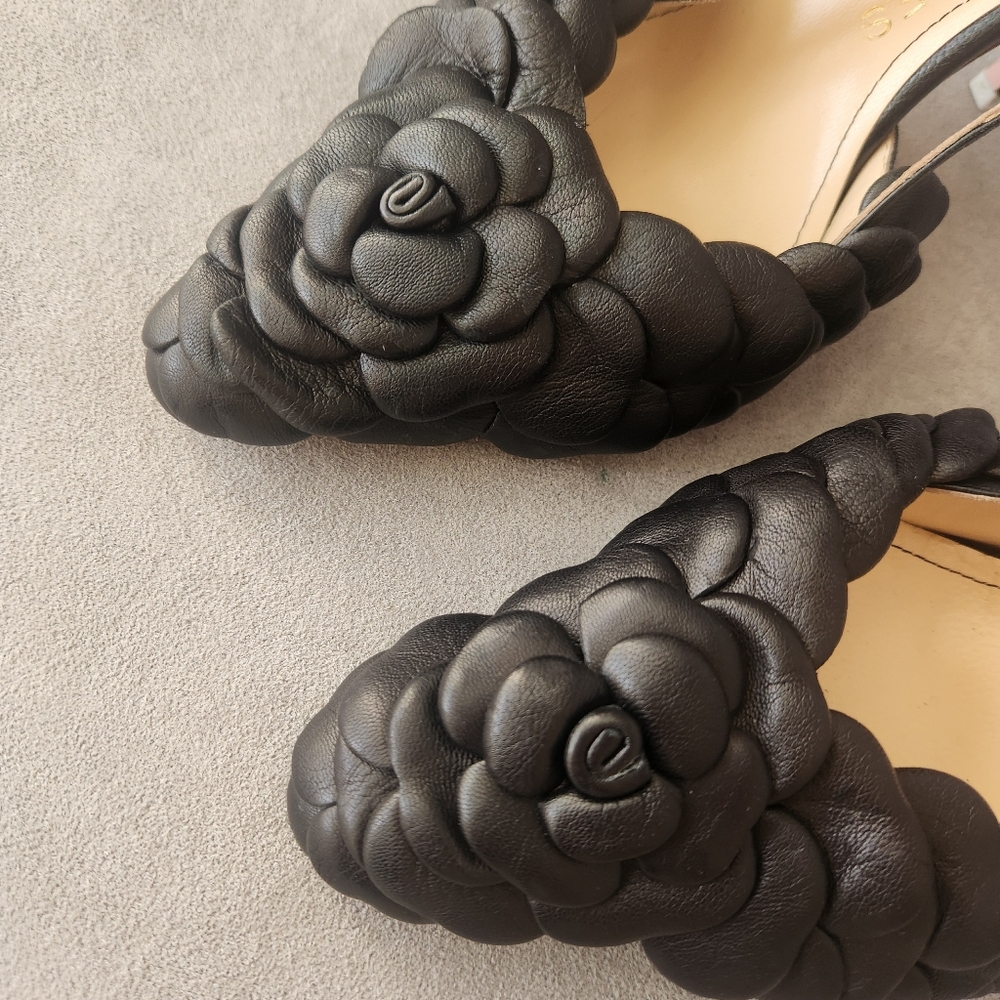 Beautiisoles Slingback Pumps 6.5 Black Leather Petals Flower Pointy Made Italy - Picture 7 of 17